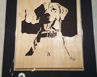 Hand-cut wooden portrait of a blonde Lab ready to play! Entitled "we love labs".