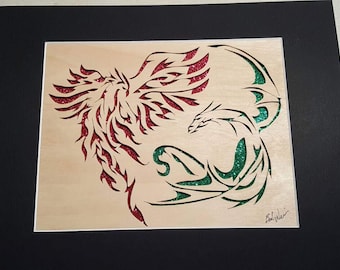 Fighting Phoenix & Dragon, woodcut. Hand cut with a scroll saw