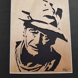 John Wayne. John Wayne wood cut. The Duke. True grit. John Wayne scroll sse woodcut.