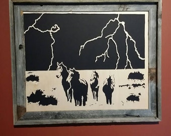 Lightning on the Prairie, hand-cut portrait in wood with real barn wood frame.