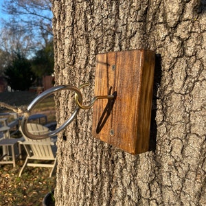 May include: A wooden ring toss game mounted on a tree trunk. The game features a metal ring and a wooden base with a brass hook.