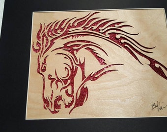 Blazing Stallion woodcut. Hand-cut.