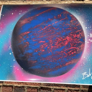Red and blue planet with pink and blue sky spray paint art, print
