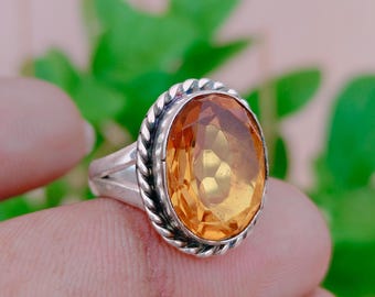 Anel oval de citrino natural | Joia boho em prata de lei
