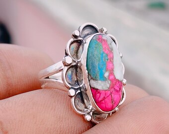 Anel oval statement em turquesa rosa cobre, joia artesanal boho em prata de lei.