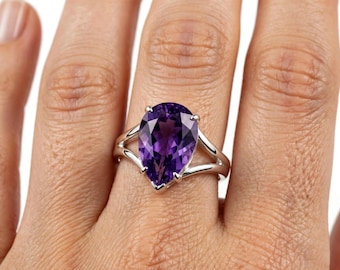 Anel de prata esterlina com ametista em formato de pera, pedra preciosa marcante estilo boho, pedra do mês de fevereiro