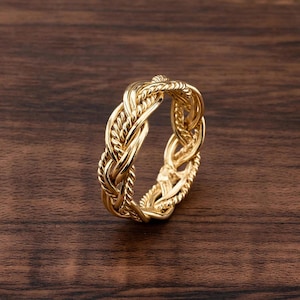 Solid Brass Braided Ring | Woven Gold Band, Adjustable Boho Statement Piece
