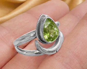 Anel de Peridoto em Prata de Lei 925 | Anel Lua com Peridoto em Formato de Gota | Anel com Pedra de Nascimento de Agosto | Anel Boho Artesanal em Prata | Presente para Ela