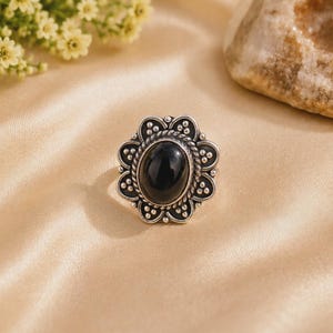 Natural Black Onyx Oval Ring | Silver Plated Statement Ring | Adjustable Boho Jewelry