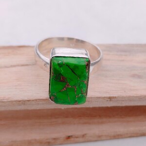 Green Copper Turquoise Rectangle Ring, Sterling Silver Emerald Cut Boho Jewelry