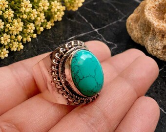 Natural Turquoise Oval Ring, Sterling Silver Boho Statement, December Birthstone