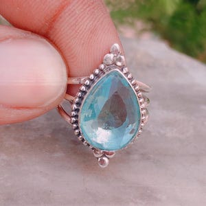 Natural Blue Topaz Pear Ring | Silver Plated Boho Adjustable Gemstone Ring