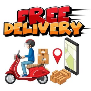 May include: A delivery person in a blue shirt and helmet rides a red scooter carrying brown cardboard boxes. Next to the scooter are more brown boxes, a red location pin icon, and a smartphone displaying a map. The text FREE DELIVERY is above.