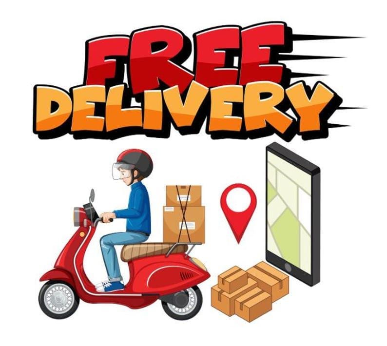 May include: A delivery person in a blue shirt and helmet rides a red scooter carrying brown cardboard boxes. Next to the scooter are more brown boxes, a red location pin icon, and a smartphone displaying a map. The text FREE DELIVERY is above.