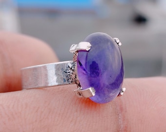 Anel oval de prata esterlina com ametista, pedra preciosa marcante estilo boho, pedra do mês de fevereiro