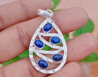 Pingente de Lápis-lazúli com Cinco Pedras | Colar Artesanal em Prata de Lei 925 com Formato de Gota | Joias Artesanais Boho