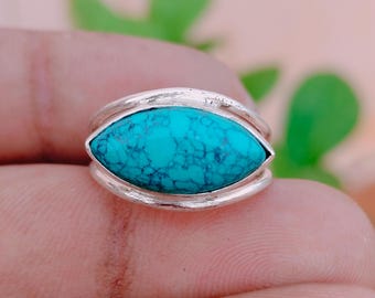 Anel de turquesa natural em formato de marquise, prata de lei, estilo boho, pedra do mês de dezembro.