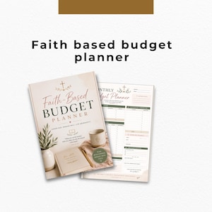 May include: A faith-based budget planner with the title "Faith-Based Budget Planner" in a soft, elegant font. The cover features a cross and floral accents, with a matching open planner sheet. A small vase with greenery and a mug are also visible.