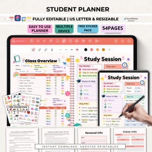 May include: A digital student planner displayed on a tablet and a smaller device. The planner includes sections for class overview, study sessions, and personal information. The text includes "Student Planner", "Fully Editable", and "Free Sticker Pack".