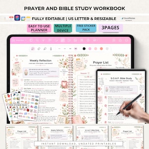 Op de afbeelding: Een digitaal gebeds- en bijbelstudiewerkboek op tablets, met wekelijkse reflectiepagina's, gebedslijsten en S.O.A.P.-studiesjablonen. Het ontwerp bevat bloemillustraties, een duif en een gratis stickervel met diverse iconen.