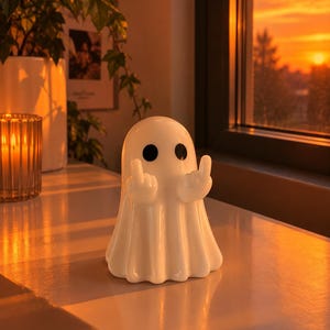 Peut inclure: Une figurine de fantôme blanche avec une finition lisse et brillante, dotée de deux grands yeux noirs circulaires et de deux petits bras levés, chacun montrant un doigt d'honneur. Le fantôme a une tête arrondie et un corps drapé et fluide.