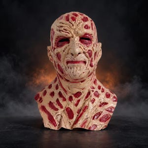 May include: A full-head latex mask depicting a scarred, burn-victim character with a pale, flesh-toned complexion and deep, textured red lacerations across the face, forehead, and neck, featuring hollow eye sockets and a neutral facial expression.