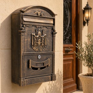 May include: A wall-mounted mailbox with an antique bronze finish, featuring an arched top, a mail slot, and a central embossed crest depicting a shield and figures. The lower section includes a locking door with a horizontal handle and two openings.
