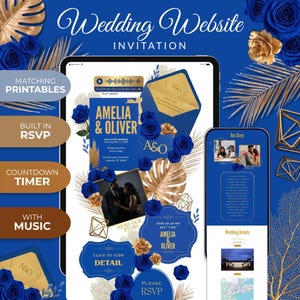 May include: A digital wedding website invitation template displayed on two screens, featuring a deep blue background with gold accents, royal blue roses, and gold palm leaves. The text includes Amelia & Oliver, wedding details, and RSVP.