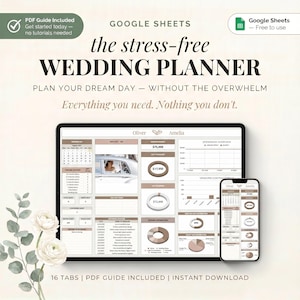 May include: A digital wedding planner template for Google Sheets titled the stress-free WEDDING PLANNER. The interface displays budget trackers, vendor lists, and calendars on a tablet and smartphone screen with a floral accent on the left.