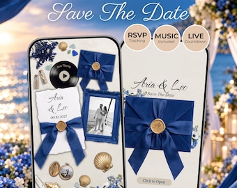 Könnte beinhalten: Eine digitale Save The Date Vorlage für Canva mit zwei Smartphone-Bildschirmen, die Hochzeitseinladungen mit blauen Samtumschlägen, goldenen Wachssiegeln, Muscheln und dem Text Aria & Leo 09.10.2027, RSVP Tracking, Music Included und Live Countdown zeigen.