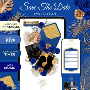 May include: A digital Save The Date invitation template displayed on a tablet and smartphone screen, featuring deep blue roses, gold palm leaves, and geometric accents. The design includes a music player bar, photo placeholders, and an RSVP form.