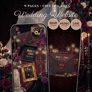 May include: A digital wedding website template featuring dark burgundy and black floral accents, gold candelabras, and vintage-style envelopes with wax seals. The screen displays text including 9 PAGES, EDIT IN CANVA, Wedding Website, RSVP Tracking, MUSIC Included, LIVE Countdown, and the names Amelia & Oliver.