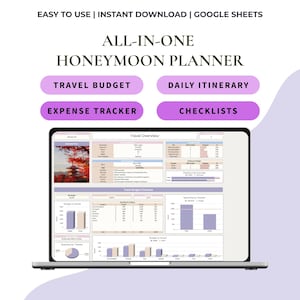 May include: A digital honeymoon planner for Google Sheets displayed on a laptop screen. The interface features a travel overview, budget tracker, daily itinerary, and checklists with purple and beige colour-coded charts and tables.