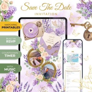 May include: A digital Save The Date invitation template featuring lavender floral accents, gold butterflies, and vintage keys. The design includes two oval frames for photos, a record player graphic, and a mobile interface showing an RSVP form.