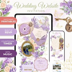 May include: A digital wedding website invitation template displayed on a tablet and smartphone, featuring lavender and rose floral illustrations, gold butterflies, a vintage key, a record player, and an envelope with a wax seal and text.