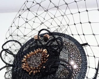 Bead embroidered Black Fascinator with Veiling and Swarovski crystals