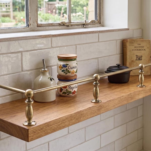 Solid Brass Gallery Rail | Brushed Antique Finish, Adjustable Shelf Fixture