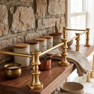 May include: A brass shelf rail with a decorative spindle design mounted on a wooden shelf. The rail features a horizontal bar supported by vertical posts with a metallic finish. The shelf holds ceramic canisters, a copper measuring cup, and a cloth.