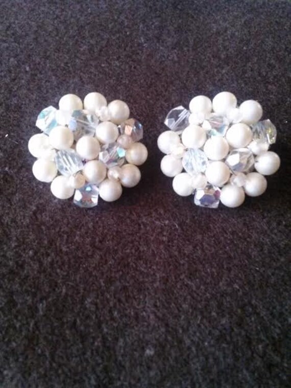 Vintage Japanese Pearl and Crystal Clip On earrin… - image 1