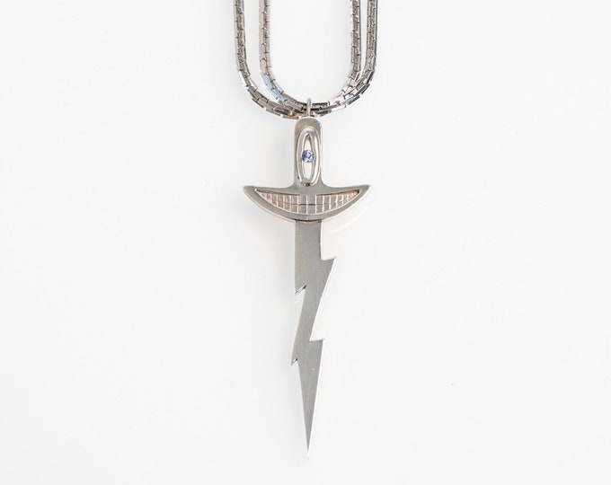 LARGE Silver SMile Bolt necklace with blue zircon center stone
