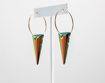 Large gold RAINBOW Crystal thin Hoop earrings