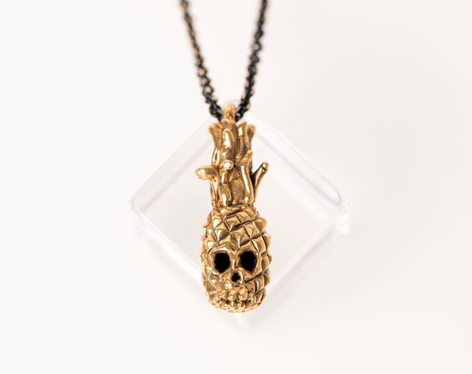 Large GOLD Pineapple FRuitskull necklace on Matte Black 30" chain