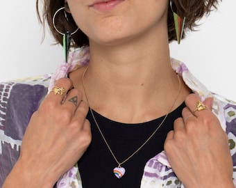 80's Rainbow small heart necklace  gold vermeil chain