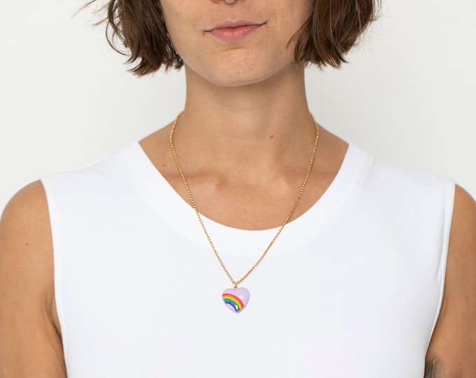 Large Rainbow heart on gold chain