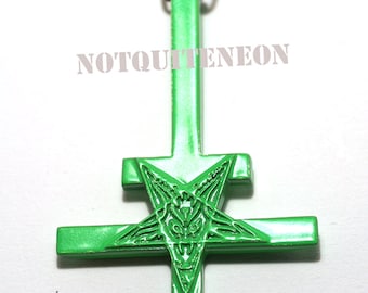 Inverted cross necklace with gold or silver plated 30" chain upside down cross SLIMER GREEN