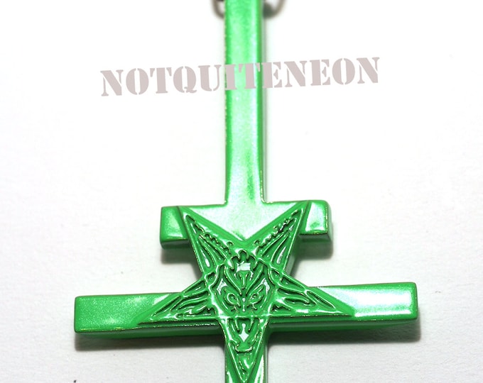 Inverted cross necklace with gold or silver plated 30" chain upside down cross SLIMER GREEN