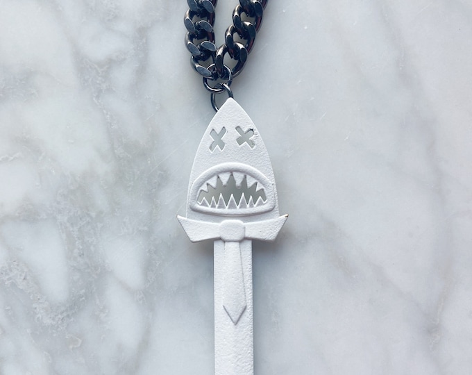 Black n white enamel shark sword necklace