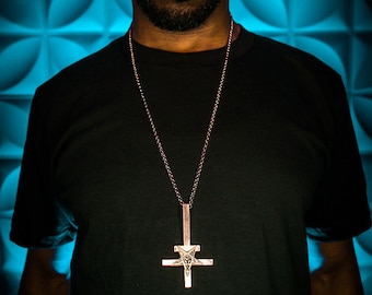 ROSE GOLD plated inverted cross necklace  with silver plated 30" chain upside down cross