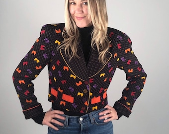 Vintage croped printed jacket, black with bows