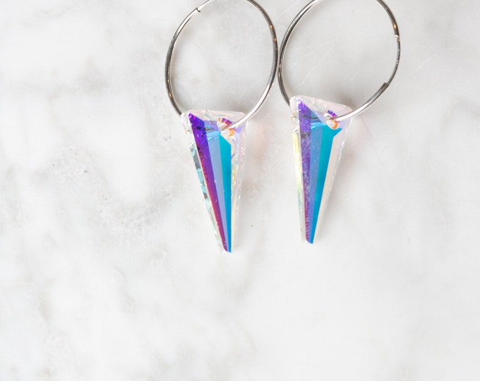 small silver RAINBOW Crystal Hoop earrings